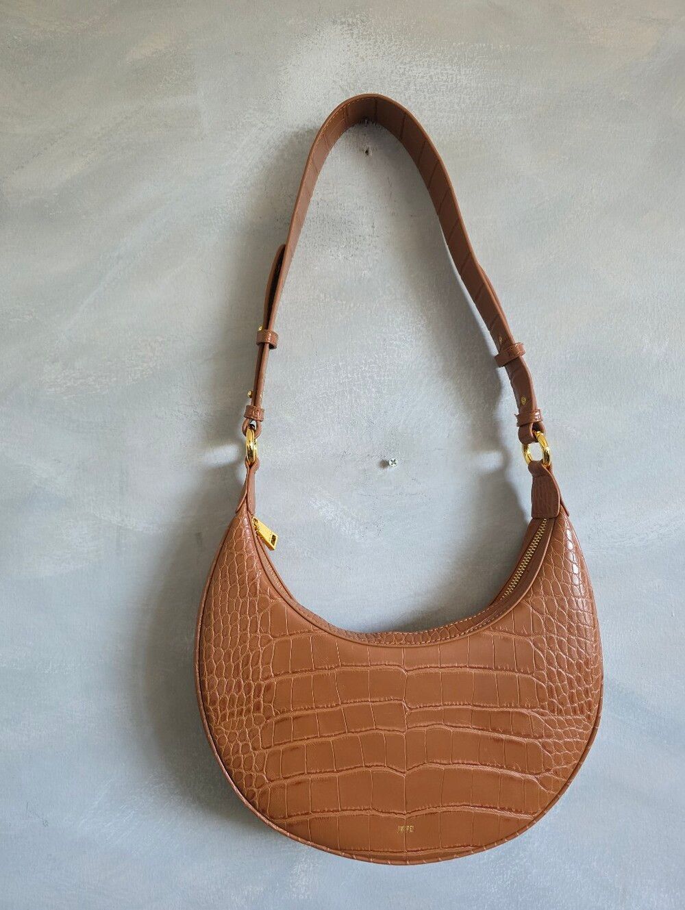 JW PEI Carly Saddle Bag Dark Tan Croc Embossed Vegan Leather Half Moon 11x10